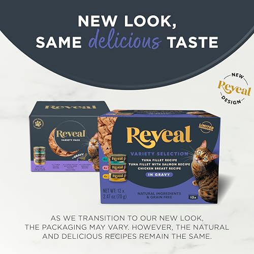Reveal Natural Wet Canned Cat Food, Limited and Natural Ingredients, Grain Free, High Protein with No Artificial Additives, Fish and Chicken Variety in Gravy, (12 x 2.47 oz Cans)