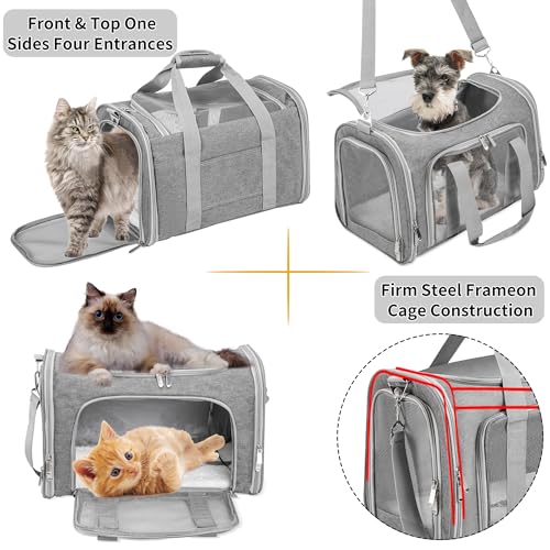 Soft-Sided Cat/Dog/Pet Carrier, Collapsible Pets Travel Carriers for Big Cats/Small Dogs with Shoulder Strap & Removable Mat, Mesh Puppy Carry Bag, Up to 16 Lbs, TSA Airline Approved(Gray)