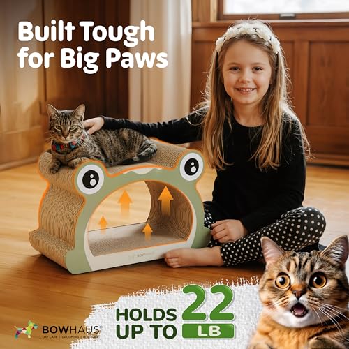 BOWHAUS Frog Style Cat Scratching Board, Cat Scratcher Lounger with Play Ball for Indoor Cat, Durable & Long-Lasting Scratching Board Cardboard
