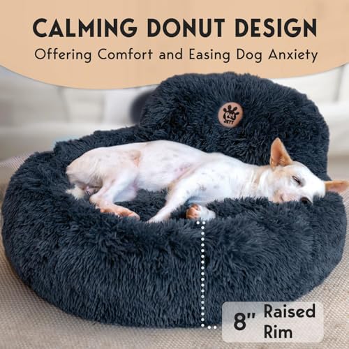 PetJett Calming Dog Bed Medium Size Dog - 30'' Donut Bed, Anti-Slip & Washable Super Soft Fluffy Plush Round Bed, Anti-Anxiety Premium Comfort Pet Bed, Fits Dogs up to 45 lbs - Dark Grey