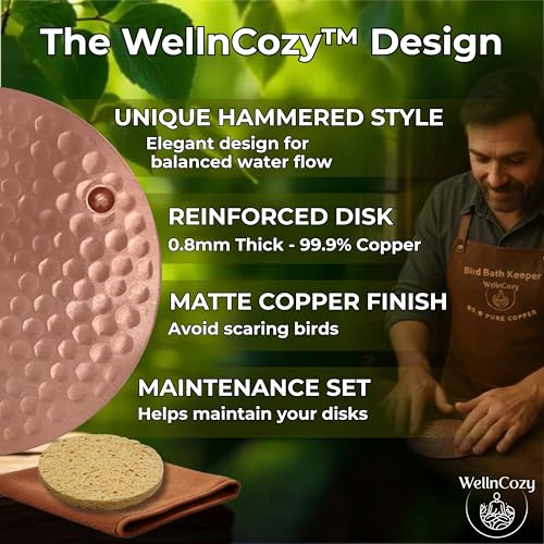 Bird Bath Copper Disk & Maintenance Set, 2 Hammered Style 0.8mm, 99.9% Pure Copper Plate, Rustic Birdbath Accessories for Bowl and Fountain, Supports Easy Maintenance, Safe for Birds