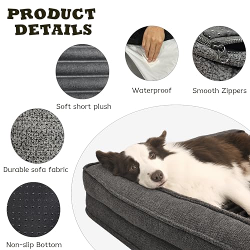 WINDRACING Orthopedic Dog Beds for Large Dogs, XLarge Waterproof Dog Bed with L Bolster Sides, Washable Big Pet Bed with Removable Cover & Non-Slip Bottom, 40 x 28 inch, Gray