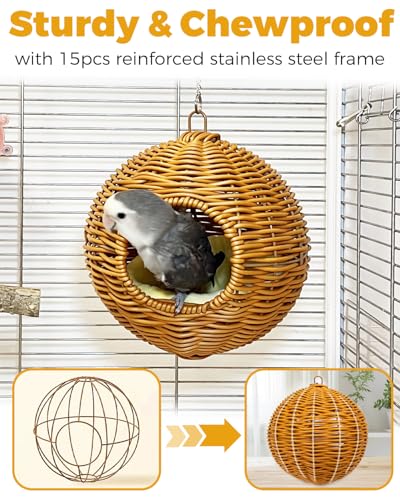 Chewproof Steel Frame Bird Nest for Cage, Washable Small Bird Bed Hammock Hideout Lay Eggs Parakeet Nest Sleep, Parakeet Warm Bed House Hut for Lovebird, Canary, Budgie