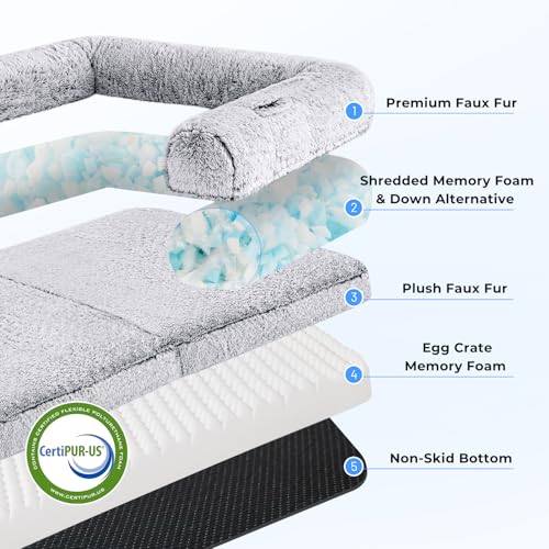 Human Dog Bed for Adult, 2 in 1 Foldable Giant Dog Bed for People Fits Pet Families, Egg Foam Supportive Mat, Waterproof Liner, Faux Fur Human Size Pet Bed with Blanket, 71"x43"x10", Grey