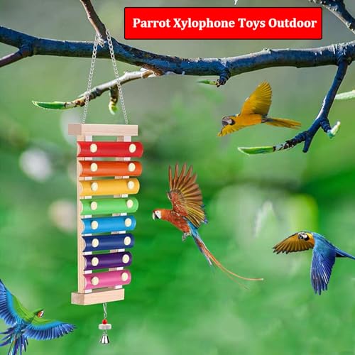 Large Parrot Suspensible Xylophone Toy, Multicolored Natural Wooden Bird Chewing Toys with Grinding Stone for Large, Medium Birds, Macaws, African Grey, Cockatoos,