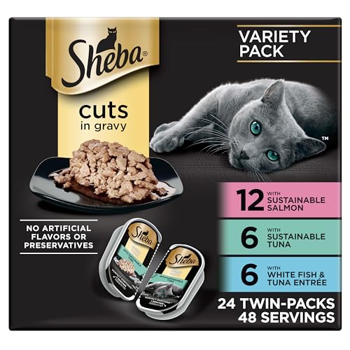 Sheba Perfect Portions Wet Cat Food Cuts in Gravy, Cat Food Wet Recipe, Sustainable Salmon, Tuna, White Fish and Tuna Entree, 2.6 oz. Twin-Pack Trays (24 Count, 48 Servings)