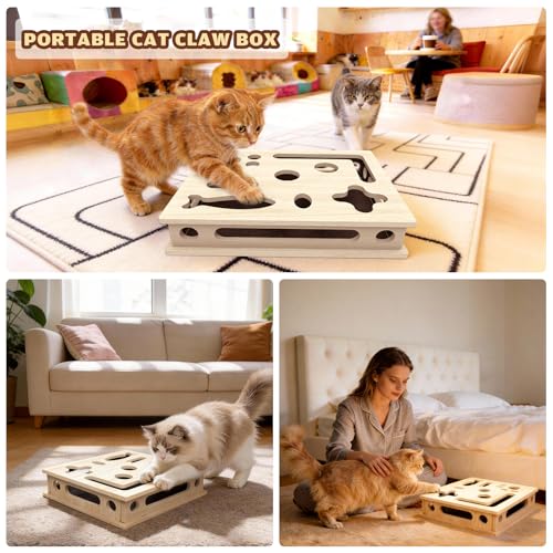Cat Scratch Puzzle Enrichment Box, Large Solid Wood Construction Cat Nail File Enrichment Box with Sandpaper Inside, Cat Nail File Box Stress Free Alternative to Clippers and Grinders(No Bell Ball)