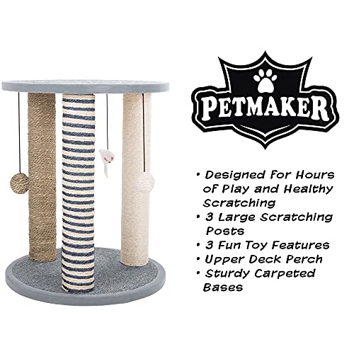 Cat Scratching Post - 3 Scratcher Posts with Carpeted Scratch Pad Base and Perch - Furniture Scratching Deterrent for Indoor Cats by PETMAKER (Gray)