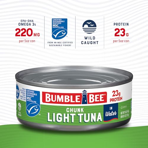 Bumble Bee Chunk Light Tuna In Water, 5 oz Cans (Pack of 24) - Wild Caught Skipjack Tuna - 23g Protein Per Serving - MSC Certified Sustainable Seafood, Non-GMO, Gluten Free, Kosher
