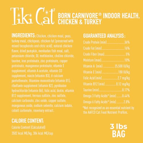 Tiki Cat Born Carnivore High Protein, Indoor Health, Chicken and Turkey Meal Recipe, Grain-Free Baked Kibble to Maximize Nutrients, Dry Cat Food, 3 lb. Bag