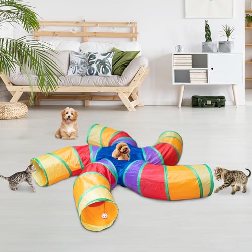 Depets Cat Tunnel for Indoor Cats, 5 Way Large Cat Play Tunnel & Tube with Play Ball, S-Shaped Folded Pet Tube with Interactive Peephole, Ideal for
