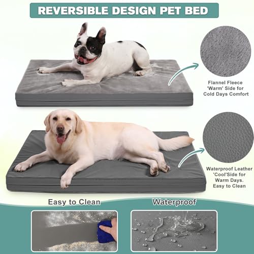 Vonabem Waterproof Dog Bed Large Medium Sized Dogs - Outdoor Orthopedic Crate Pad, Washable Pet Beds Removable Cover, Egg Crate Foam Support, Durable Anti-Slip Kennel Pads 35"x22", Gray