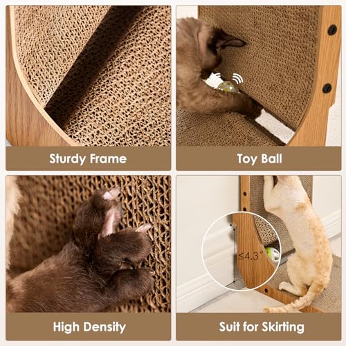 EHEYCIGA Cardboard Cat Scratcher for Indoor Cats, 32 Inch L Shaped Vertical Cat Scratching Board with Ball Cat Toy, Extra Large Cat Scratcher Pad, Brown