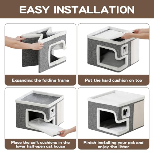 Cat Houses for Indoor Cats, Covered Cave Bed with Scratch Pad and Fluffy Ball, Foldable Cat Hideaway Condo for Large Cats, Modern Kitten Bed,16.5x16.5x13 inches (Grey, Large)