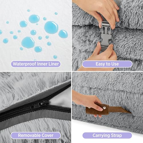 LE SURE Foldable Human Dog Bed - 3 in 1 Flexible Giant Human Dog Bed for Adult People with Supportive Bolster Egg Foam, Waterproof Liner, Calming Fluffy Faux Fur Orthopedic Big Bean Bed, Soft Grey