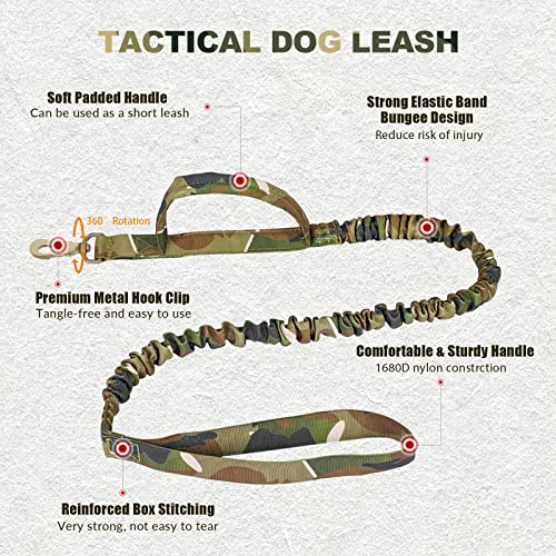 Tactical Dog Collar and Bungee Leash, Camo Military Dog Collar & Leash Set with USA American Flag Adjustable K9 Collar with Heavy Duty Metal Buckle