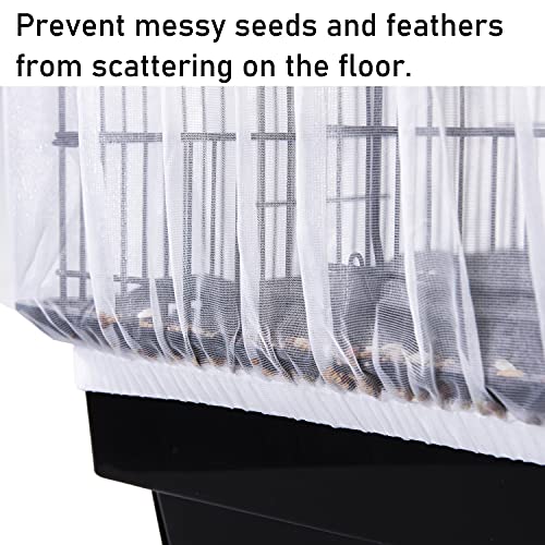 Tamu style Bird Cage Seed Catcher, Large, Stretchy Form Fitting Mesh Skirt Cover for Parrot Enclosures, Light and Breathable Fabric, Prevent Scatter and Mess, Reusable, Adjustable, Lightweight, White