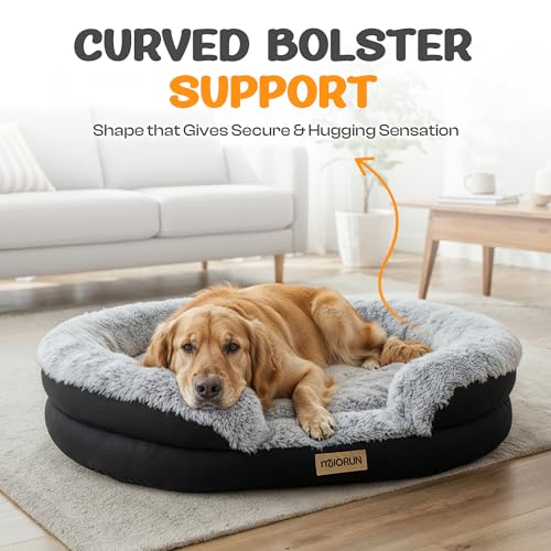 Fluffy Orthopedic Dog Bed for Large & Extra Large Dogs, Calming Plush Sofa Bed with Curved Bolster Support and Egg-Crate Foam Base, 43" Cozy Oval Pet Donut Bed with Washable Cover, Gray