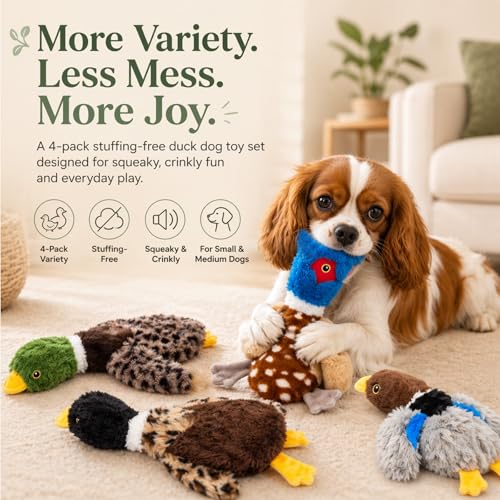 Dog Squeaky Toy Set – 4-Pack Durable Plush Duck, Pheasant, Goose for Small and Medium Dogs – Soft Bird Chew Toys with Crinkle Sound for Puppy Play, Interactive Training