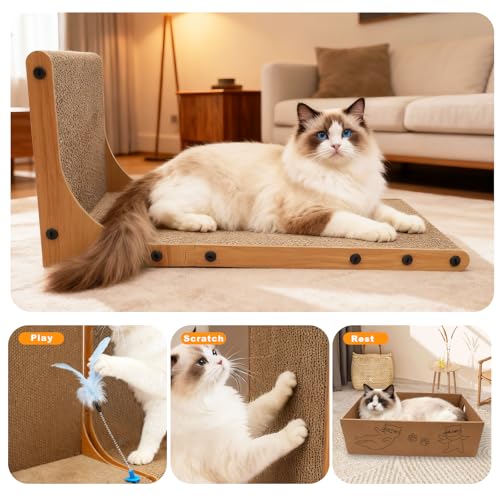 Cat Scratching Post, 3-in1 Scratching Board for Indoor Cats, 2PK 22in L-Shaped Cat Scratcher with 1PK Cardboard Box Scratch Pad, Cats Scratch Furniture Protector with Feathered Toy