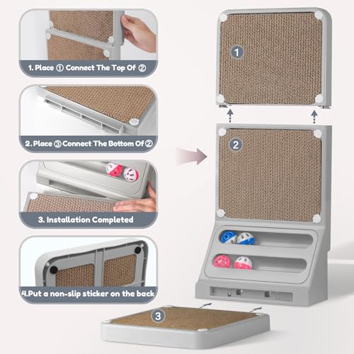 Cat Scratching Post Cat Scratching Board,2-in1 L Shaped Cats Cardboard Scratcher with Box, Kitten Scratcher Ball Wall Scratchers Pad for Indoor Cats Grey