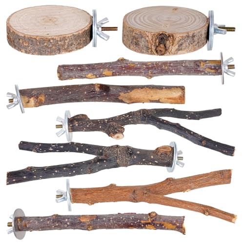 Libiline 8 Pieces Bird Perch Natural Wooden Parrot Perch Stand Fork Toys Hanging Multi-Branch Perches Platform Hammock Swing Toy for Macaws, Small Parakeets, Conures, Budgies, Finches (A-Color, Mix)