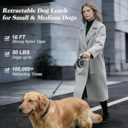 Retractable Dog Leash with Stainless Steel Anti-Chew Cable for Small & Medium Dogs up to 50 lbs | 16 ft Strong Nylon Reflective Tape | Quick Lock