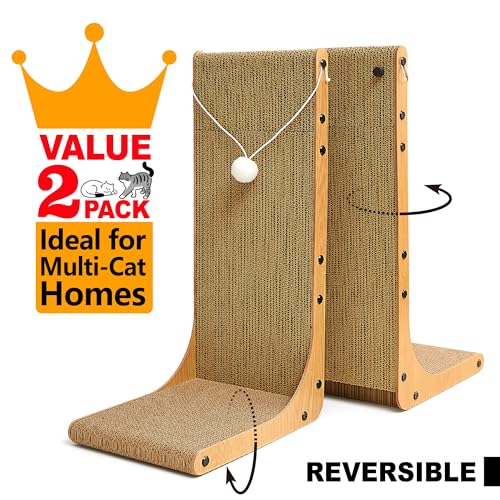 Value 2-Pack 23.6 Inch L-Shaped Cardboard Cat Scratcher, Dual Use (Vert/Horiz) Scratch Pad with Toy Balls, Wall-Mountable Furniture Protector Cat Scratchers for Indoor Cats, Couch & Wall