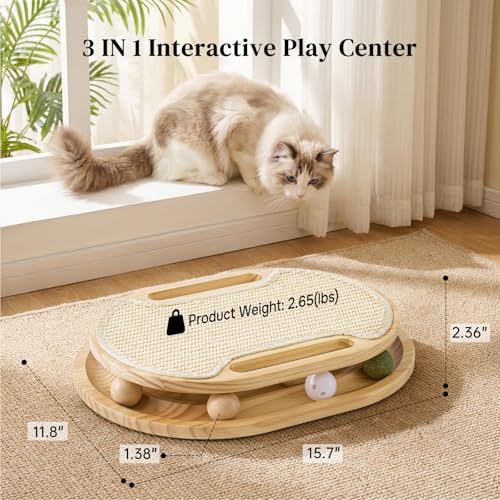 ZOMISIA Cat Scratcher with Ball Track Toy, Sisal Scratch Pad for Indoor Adult Cats, Wooden Interactive Cat Puzzle Toys for Kitten Mental Stimulation Self Play Home Enrichment