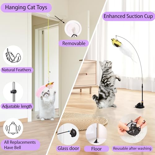 Soarer 3-in-1 Flying Bird Cat Toys - 7Pcs Wooden Cats Wand Toy Fishing Pole Cat Bird Toys Replacements,Interactive Enhanced Suction Cup and Door Hanging Cat String Toys for Indoor Kitten
