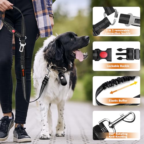 Removable Dog Seat Belt Harness for Car, 3 in 1 Pet Dog Car Seatbelt Leash, Retractable Restraint Secures to Vehicle Headrest & Adjustable Reflective