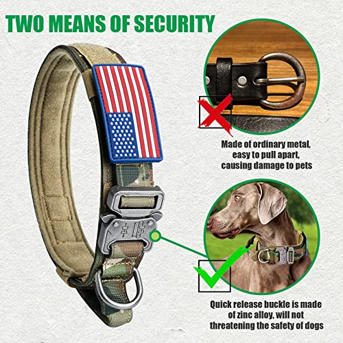 Tactical Dog Collar and Bungee Leash, Camo Military Dog Collar & Leash Set with USA American Flag Adjustable K9 Collar with Heavy Duty Metal Buckle