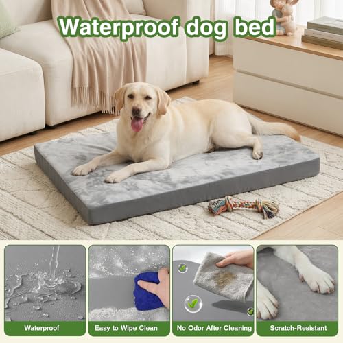 Waterproof XXL Dog Beds Large Sized Dog, Outdoor Washable Crate Pad 48 inch, Jumbo XXLarge Orthopedic Foam Pet Bed with Removable Cover Reversible, Durable Anti-Slip Kennel Pad, 47"x29", Gray