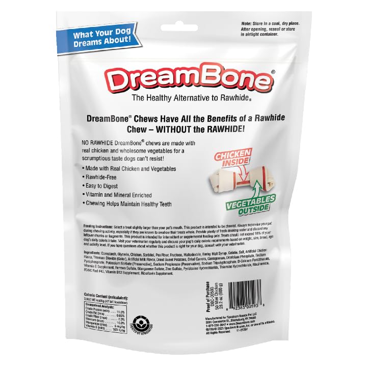 DreamBone Chicken Mini Bone Dog Treats, Daily Rawhide-Free Chew, Digests Safely and Completely, With Real Protein, Chicken and Veggies, 50 count