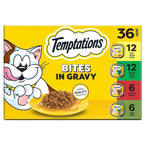 Temptations Bites in Gravy Adult Wet Cat Food Tasty Chicken Entree, Seafood Medley, Backyard Cookout, and Catnip Fever, 3.5 oz. Trays (36 Count, Pack