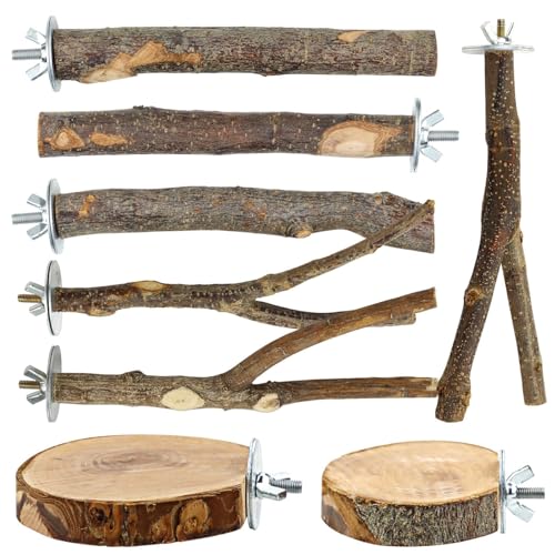 8 PCS Bird Perch Set for Cage - Natural Apple Wood Platforms & Hardwood Branches for Parakeets, Budgies, Cockatiels - Small Bird Habitat Gym, Climbing Stand & Safe Chew Toys
