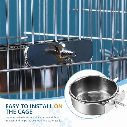2Pcs Stainless Steel Bird Feeding Bowls, Small Bird Feeding Cup, Stainless Steel Parrot Food Bowl Cage with Holder, Parrot Cage Water Feeder, Pet Cage Cup Holder (Dia 3.93", 4.72",)