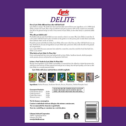 Lyric Delite Wild Bird Seed for Outside Feeders - No Waste Bird Food, Shell-Free Nuts & Seeds Mix, Attracts Buntings, Chickadees & Finches, 20 lb Bag
