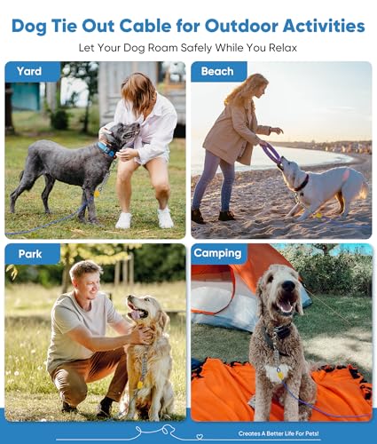 Petbobi Dog Tie-Out Cable 30ft -Heavy Duty Dog Lead Up to 120 lbs, Outdoor Leash Metal Cable with Shock Spring 360° Swivel Clips, for Yard Camping