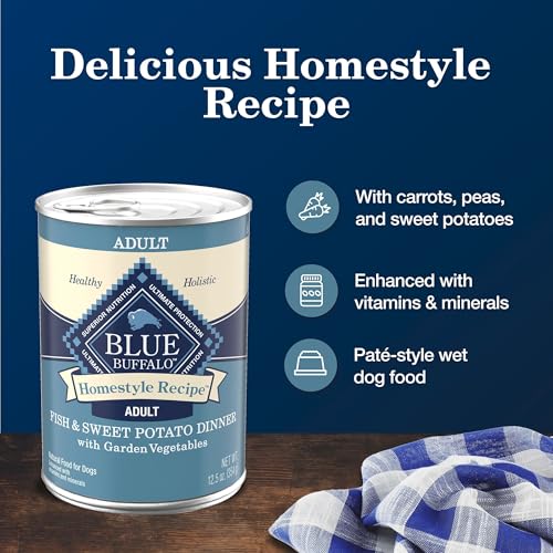 Blue Buffalo Homestyle Recipe Adult Wet Dog Food, Made with Natural Ingredients, Fish & Sweet Potato Dinner with Garden Vegetables, 12.5-oz can (Pack of 12)