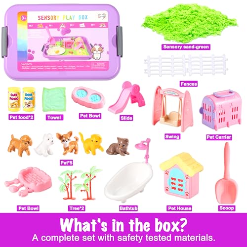 Carolart Pet Sensory bin,Dog and Cat Sandbox for Kids,Kids Play Sand Kit,Pet Play Set with Sensory Sand,Pet Care Play Set,Role Pretend Play Beach Toy Birthday Gift for Girls Boys 3 4 5 6 Years Old