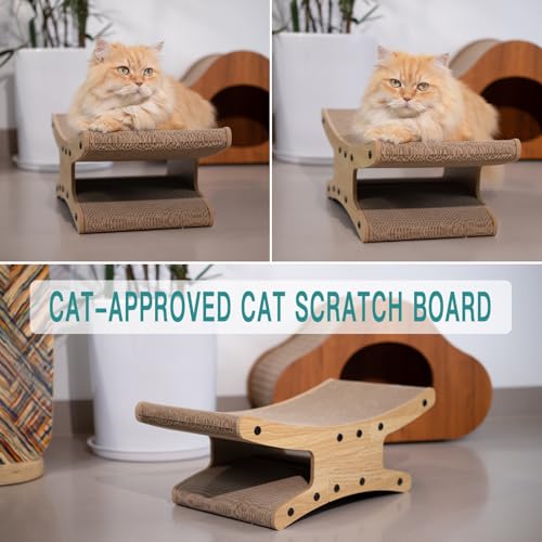 Reversible Cat Scratcher Bed, Large Scratching Board for Indoor Cats - Cardboard Pad & Durable Cat Scratcher Lounge Hammock Furniture, Natural Wood Color