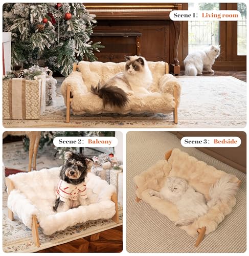 CHEERHOME PETS Elevated Cat Couch Bed for Indoor Cats, Wooden Cat Sofa with Removable Washable Fluffy Cover Raised Kitty Lounge Chair Suitable for Puppy(Cat Sofa Off-White)
