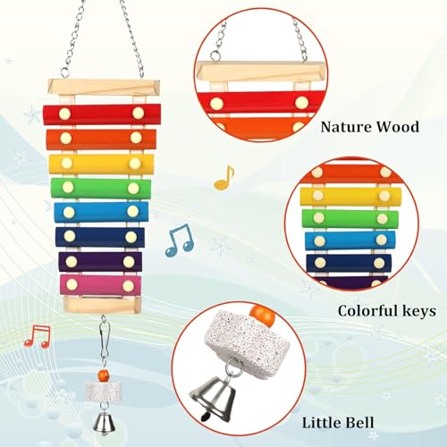 Large Parrot Suspensible Xylophone Toy, Multicolored Natural Wooden Bird Chewing Toys with Grinding Stone for Large, Medium Birds, Macaws, African Grey, Cockatoos,