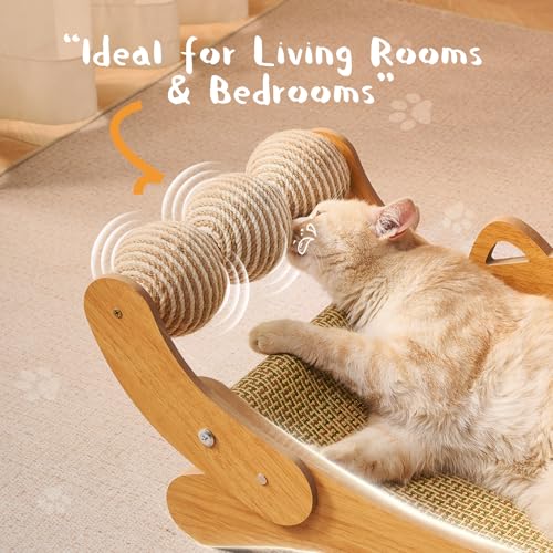 Cat Scratcher & Cats Scratch Pad with Sisal Ball – All-in-One Cats Couch Scratcher, Hammock, and Cat Bed for Indoor Cats, Wooden Cat Scratching Board Upgrade Edition