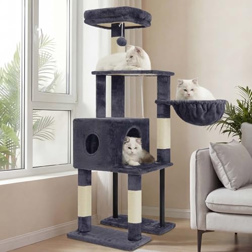 Heybly Cat Tree, 49.2 Inches Cat Tower for Indoor Cats, Spacious Cat House Condo with Hidden Space，Sturdy Steel Tube，Soft Plush Top Perch，Cozy Hammock and Sisal Scratching Posts, Smoky Gray HCT200SG