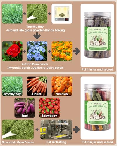 Bissap 72 PCS Rabbit Chew Sticks, Natural Timothy Hay Pumpkin Sugar Beet Carrot Strawberry Rose Dahlberg Daisy Forget-me-not Flower Treat for Bunny Chinchilla Guinea Pig Hamster Small Pet Molar Snack