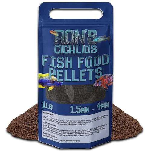 RON'S CICHLIDS Adult African Cichlid Fish Food Pellets – USA Made Slow Sinking Cichlid Pellets & Sticks Feed, Low Fillers, Ideal for Cichlid Food, Koi, Goldfish, Pleco, Oscar & Tropical Fish, 1 LB