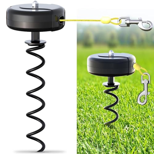Dog Tie Out Cable and Stake 360° No Tangle Heavy Spiral Yard Stake and Retractable Dog Leash for Dogs Up to 10-90 lbs, 30ft Dog Chain for Outside