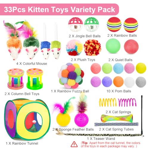 Retro Shaw 33 Pack Cat Toys for Indoor Cats, Collapsible Kitty Tunnel Tent with Feather Teaser Wand, Springs Balls Bell Mouse Interactive Kitten